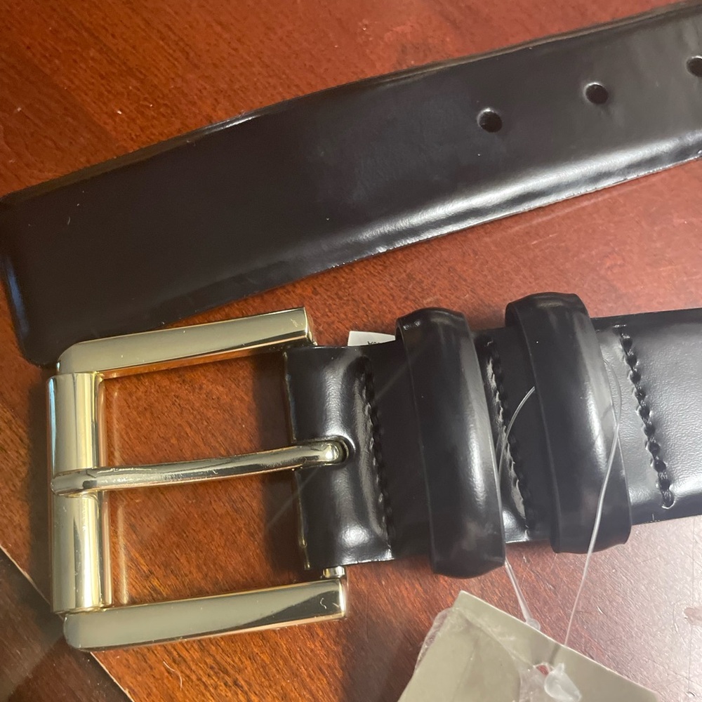 J. Crew Black Italian Leather Belt with Square Gold Buckle - Large